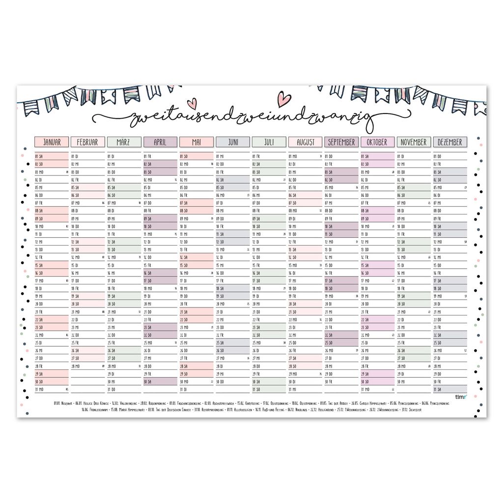 Wand-Kalender 2020 Konfetti I DIN A3 Quer-Format I Süßer Jahresplaner mit Feiert 