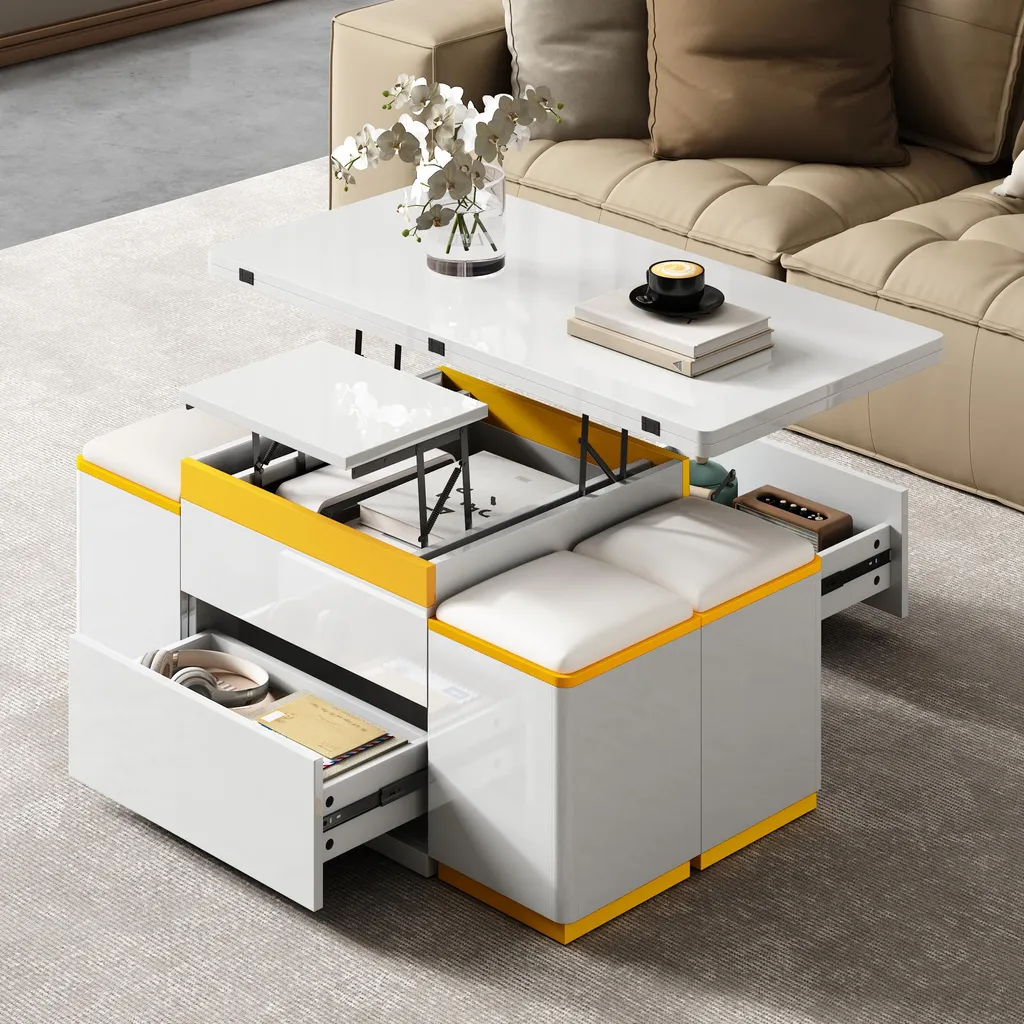 Table d'Appoint Relevable en Bois MDF pour Salon Design Blanc et Jaune