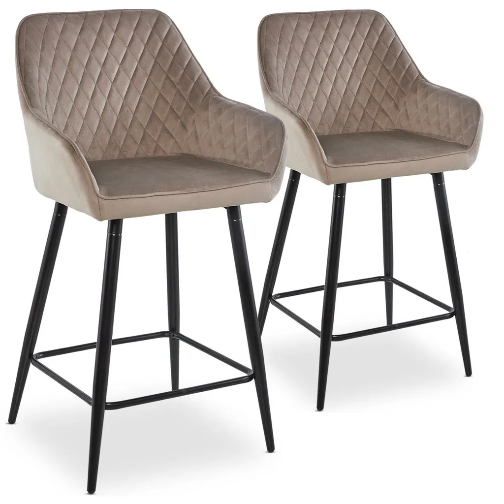 Tabouret de Bar en Velours Taupe Veronika Lot de 2 pour Îlot Central