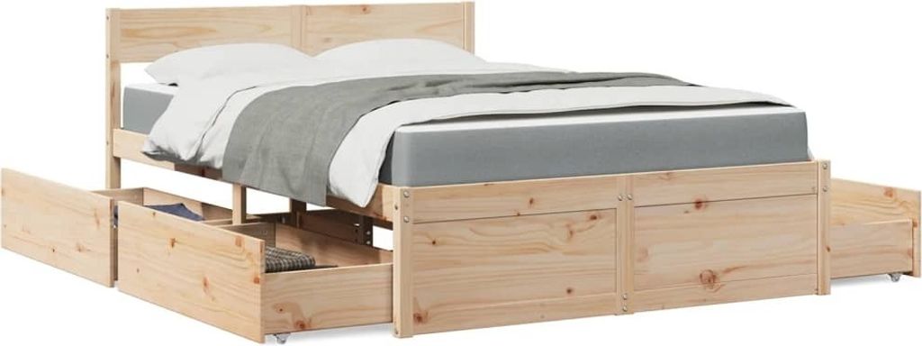 Möbel Bett mit Schubladen und Matratze 120x200 cm Massivholz Kiefer - Klassische Betten 3281901