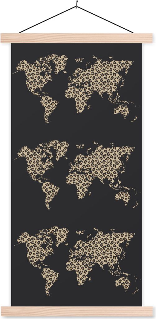 MuchoWow Textilposter Weltkarte - Pantherdruck - Muster 60x120 cm mit holzfarbenen Rahmen - Holz