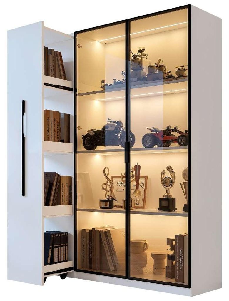 AIORBER Vitrine mit Glastür und LED Beleuchtung Highboard mit Seitenauszug Multifunktionsschrank Glasschrank für Wohnzimmer Esszimmer MDF 110,5x3...