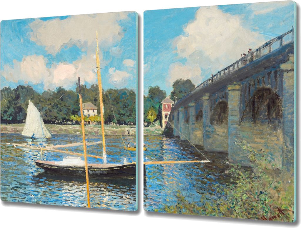 Coloray Schneidebrett Herdabdeckplatte 2x40x52 cm Kochplattenabdeckung Küchenbrett Hackbrett - Brücke Fluss Boote Monet