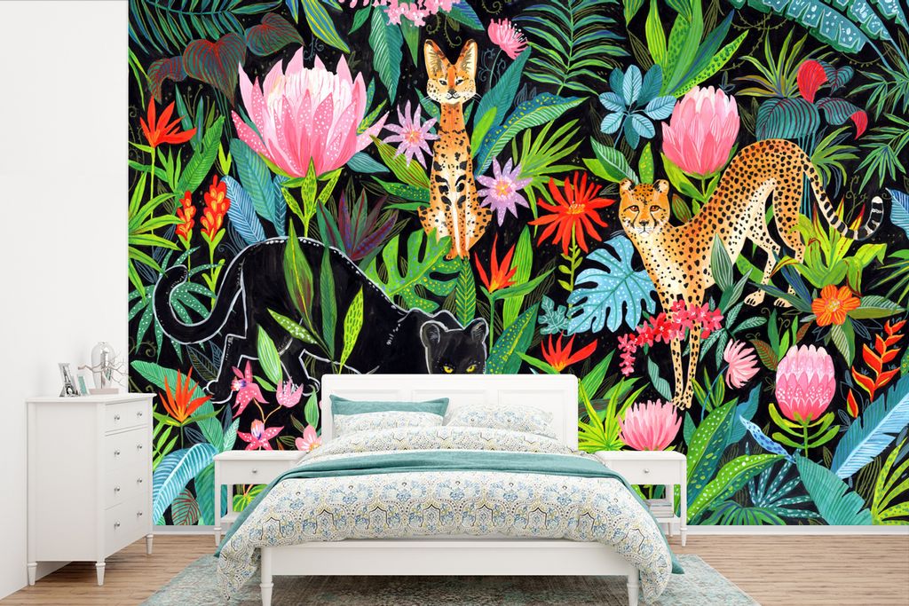 MuchoWow Fototapete für Wohnzimmer oder Schlafzimmer Wandtapete Vinyl Motivtapete Dschungel - Pflanzen - Tiere - 450x300 cm - Gemusterte