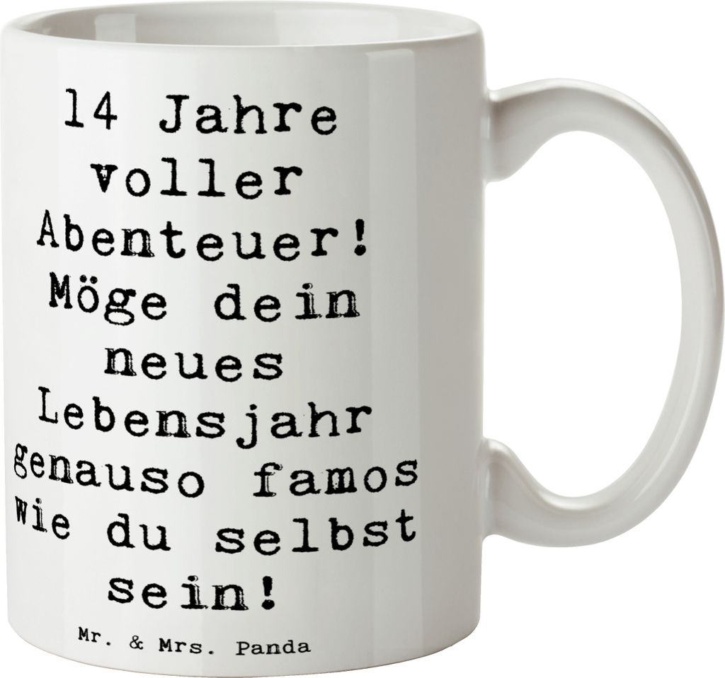 Mr. & Mrs. Panda Teetasse Spruch 14. Geburtstag Abenteuer - Weiß - Geschenk, Geschenkidee, Glückwünsche, Kaffeetasse, Tasse, bedruckt, Mädchen,...