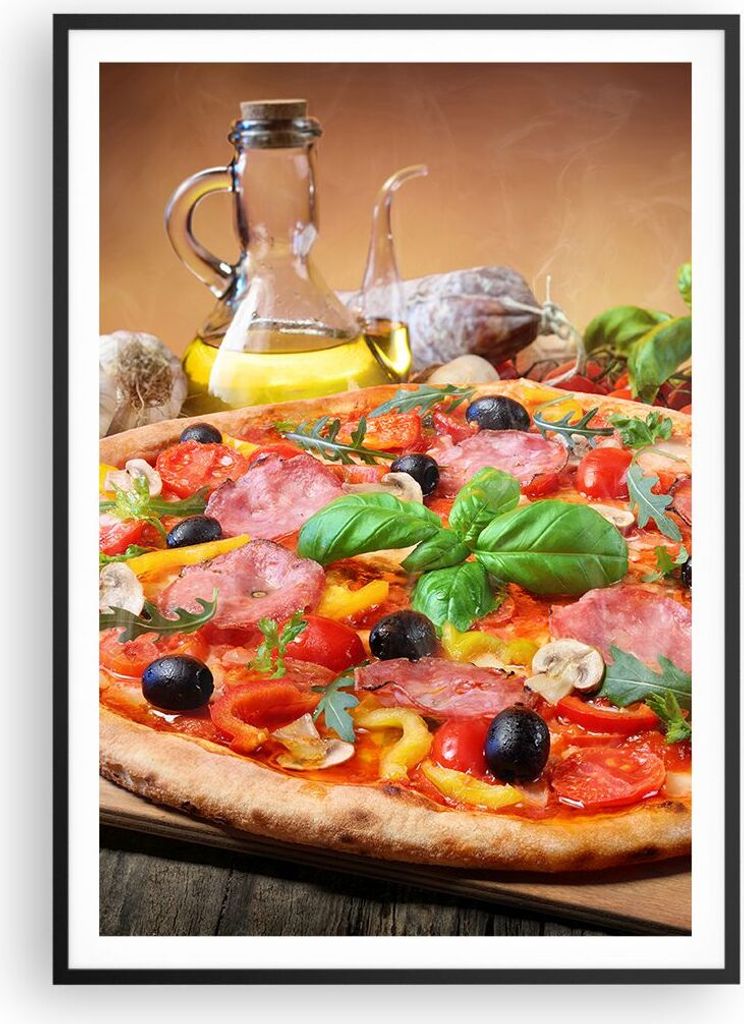 Gerahmtes Poster - Schwarzer Rahmen - Pizza Käse Tomaten - 70x100 cm - Wand Bild - Wanddeko - Wandbilder - Kunstposter - Wandposter - Bilderrahmen...
