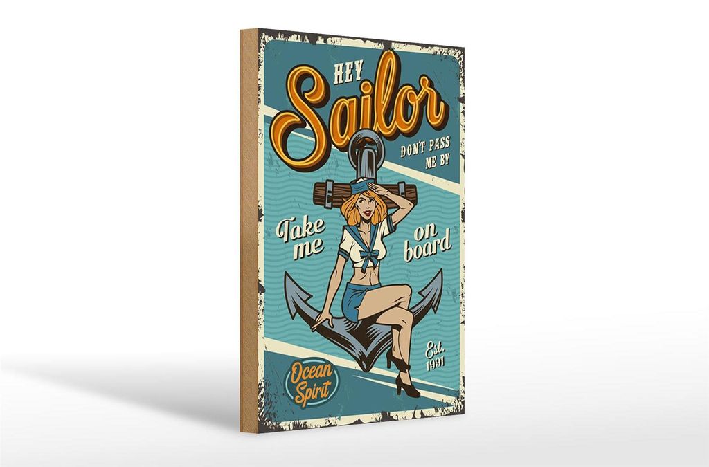 Holzschild Retro 20x30cm Pinup hey Sailor Ocean spirit See