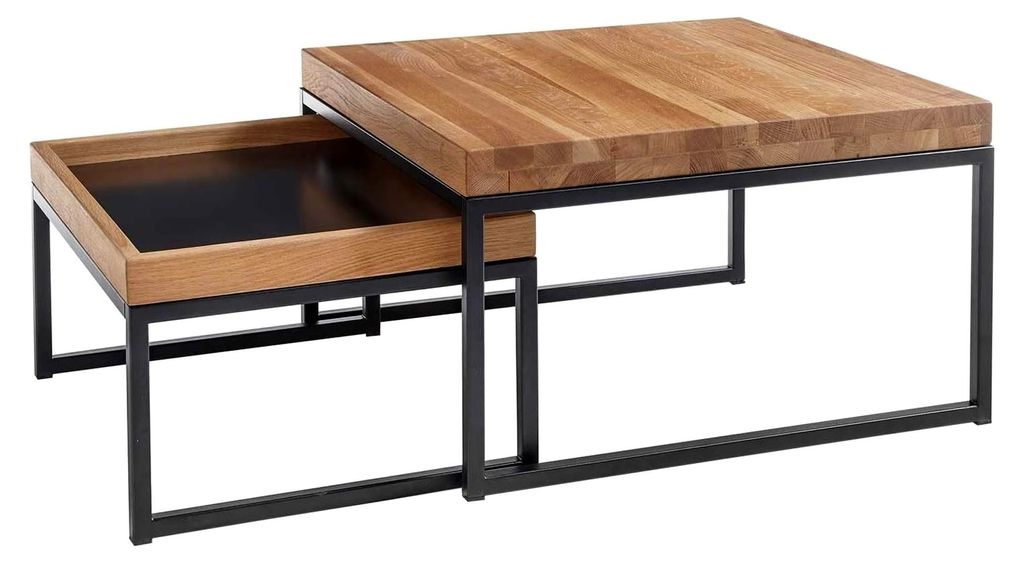Robas Lund, 2er-Set, Couchtisch und Beistelltisch LUBAO, Tischplatte aus geölter Asteiche, Holzwerkstoff und Metallgestell schwarz