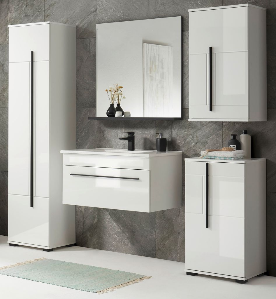 Badmöbel Set "Design-D" in weiß Hochglanz Badkombination mit Waschbecken, 6-teilig
