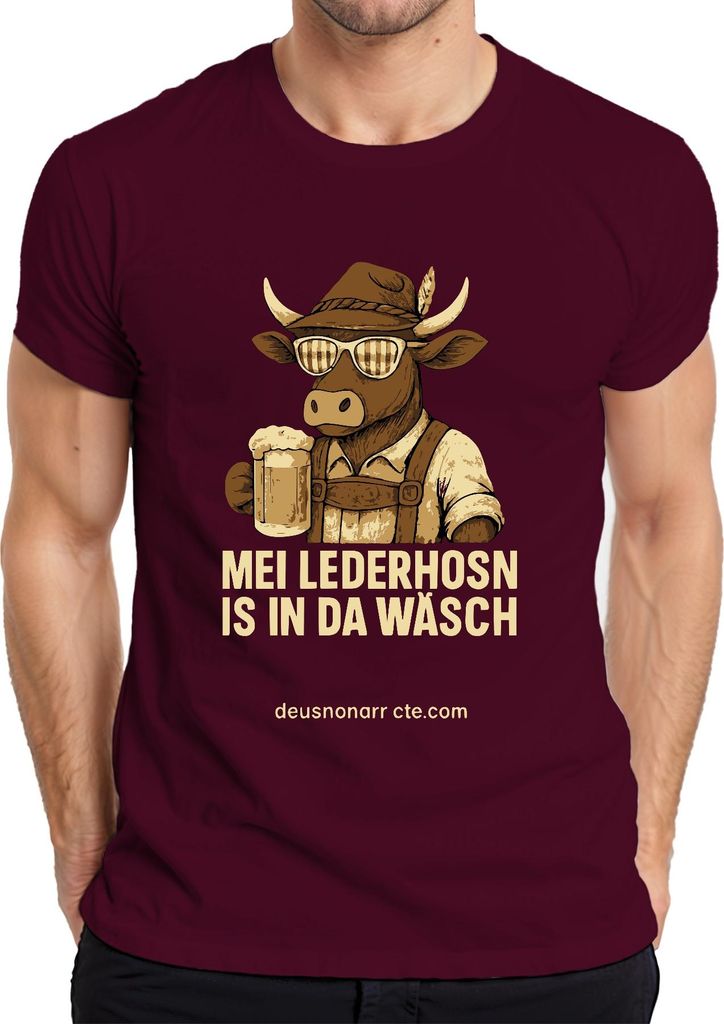 Mei Lederhosn is in da Wäsch mal wieda Bier Kuh Alpen Herren T-Shirt, Burgundy, 3XL