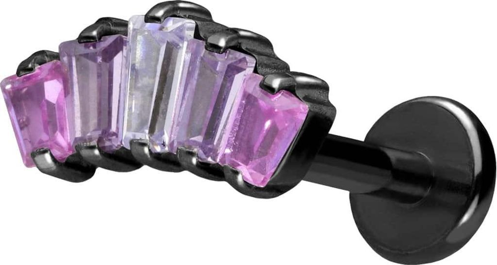 Ohrpiercing, Nasenpiercing Titan Labret mit Push Fit 5 EINGEFASSTE KRISTALLRECHTECKE Schwarz Stablänge: 9mm | Stabstärke: 1,2mm