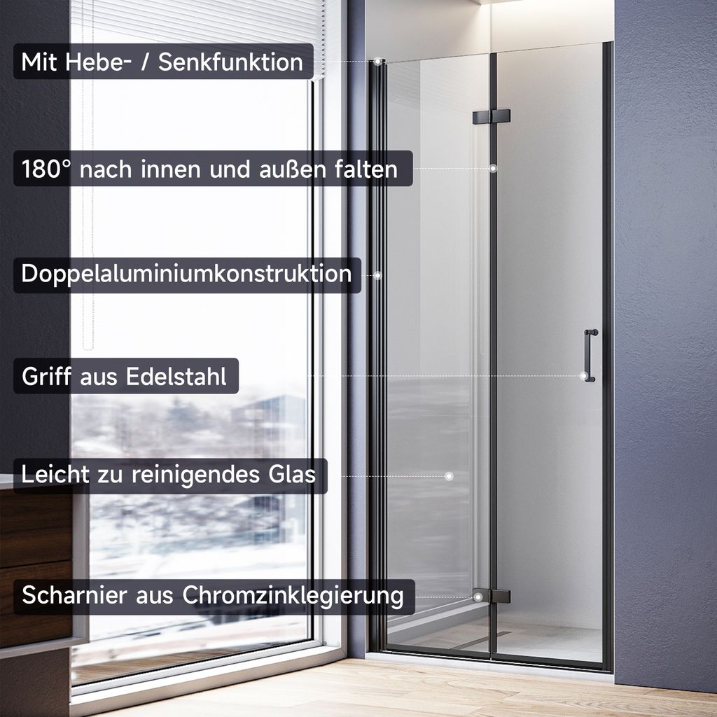 Duschtür Schwarz Nischentür Falttür 76x195cm Duschkabine Produktbild 9
