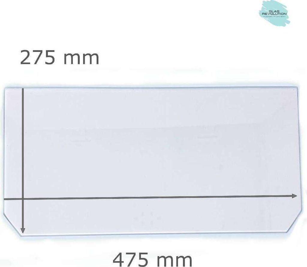 Kühlschrank Einlegeboden - Klarglas 4 mm - 2 abgeschrägte Ecken - 475 mm x 275 mm - (89,96 EUR / qm - Mindestbfl. 0,25 qm - Kantenb. 5,35 EUR / l...