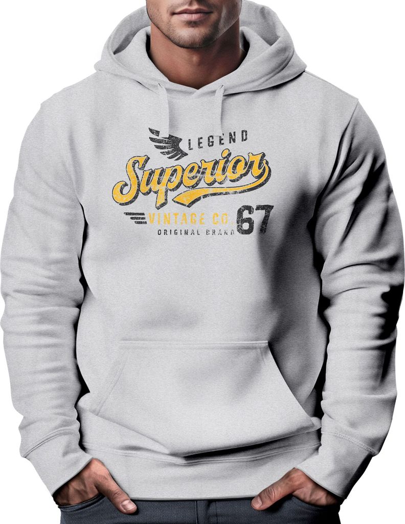 Hoodie Herren Vintage Retro Motiv Schriftzug Superior Legend Flügel Kapuzen-Pullover Männer Fashion Neverless grau 4XL