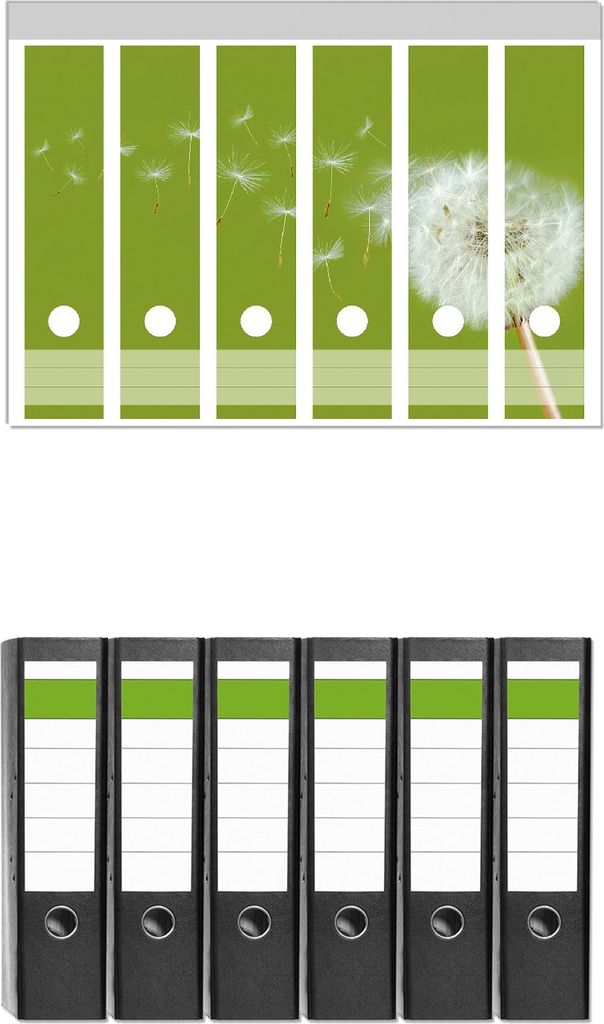 Wallario 6 Stück breite Ordner inkl. Klebeetiketten mit Motive Pusteblume auf der Wiese mit fliegenden Samen - Set mit Rückenschildern / Ordnerr...