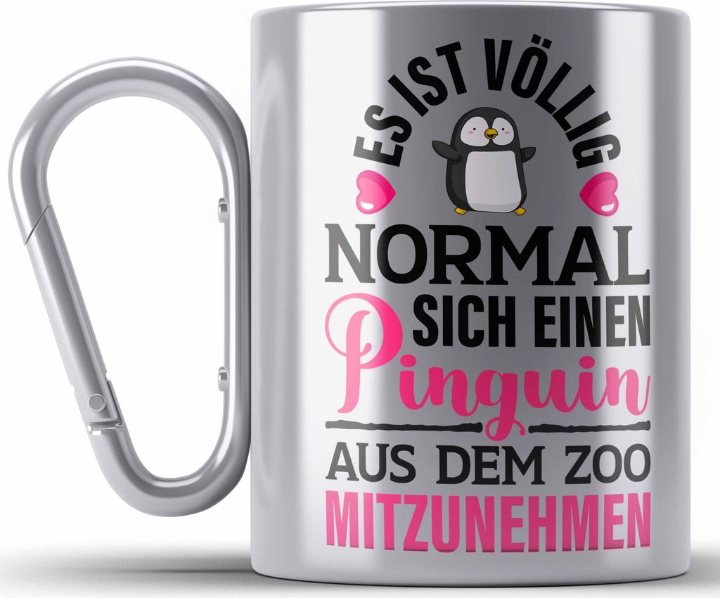 Trendation - Pinguin Geschenk Edelstahl Tasse Karabiner Kinder Liebe Spruch Kollegin Freundin Karabiner Edelstahl Tasse Karabiner Edelstahl Pinguin...