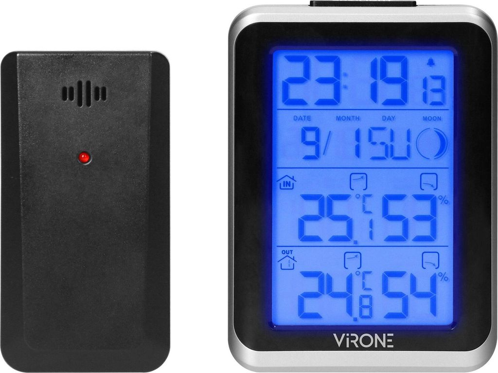Wetterstation mit Uhr und Außensender VIRONE WS-3, Innen- und Außentemperatur und Luftfeuchtigkeit, Kalender, Wecker, batteriebetrieben