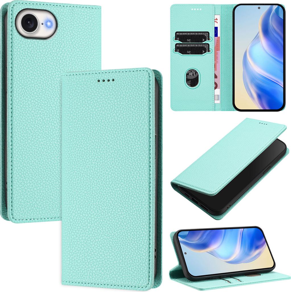 Litchi Leder Handyhülle für iPhone 16e/iPhone 17e Wallet Kartenfächer Standfunktion Hülle Türkis