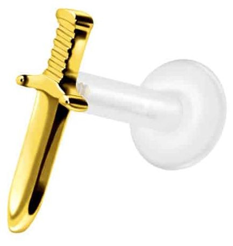 Ohrpiercing, Nasenpiercing PTFE Labret mit Innengewinde + Titan-Aufsatz SCHWERT Gold Stablänge: 6mm | Stabstärke: 1,6mm