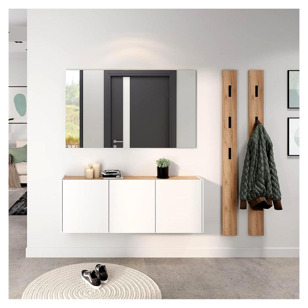 Flurschrank Schuhschrank 138cm in weiß mit Eiche ideal für schmale Flure, B/H/T ca. 138/52/25 cm