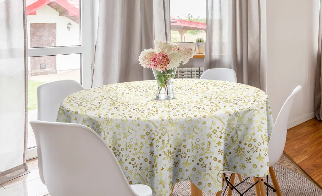ABAKUHAUS Tovaglia Rotonda Natalizia 150cm Doodle Giallo Seppia Vintage
