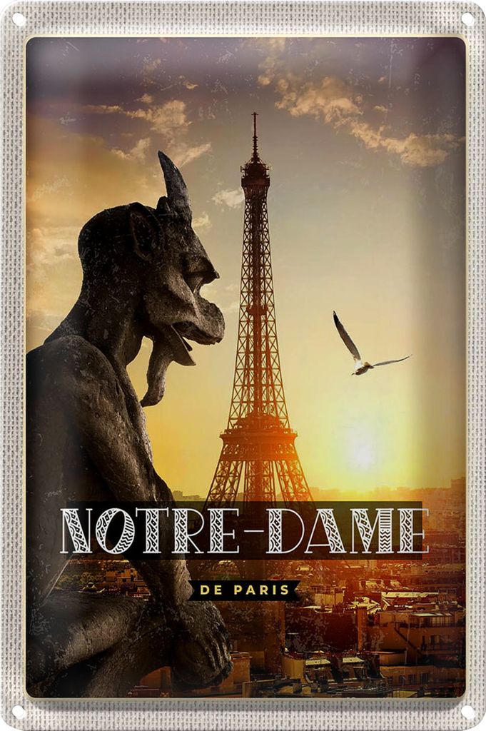 Blechschild Reise 20x30cm Notre-Dame de Paris Chimère Turm