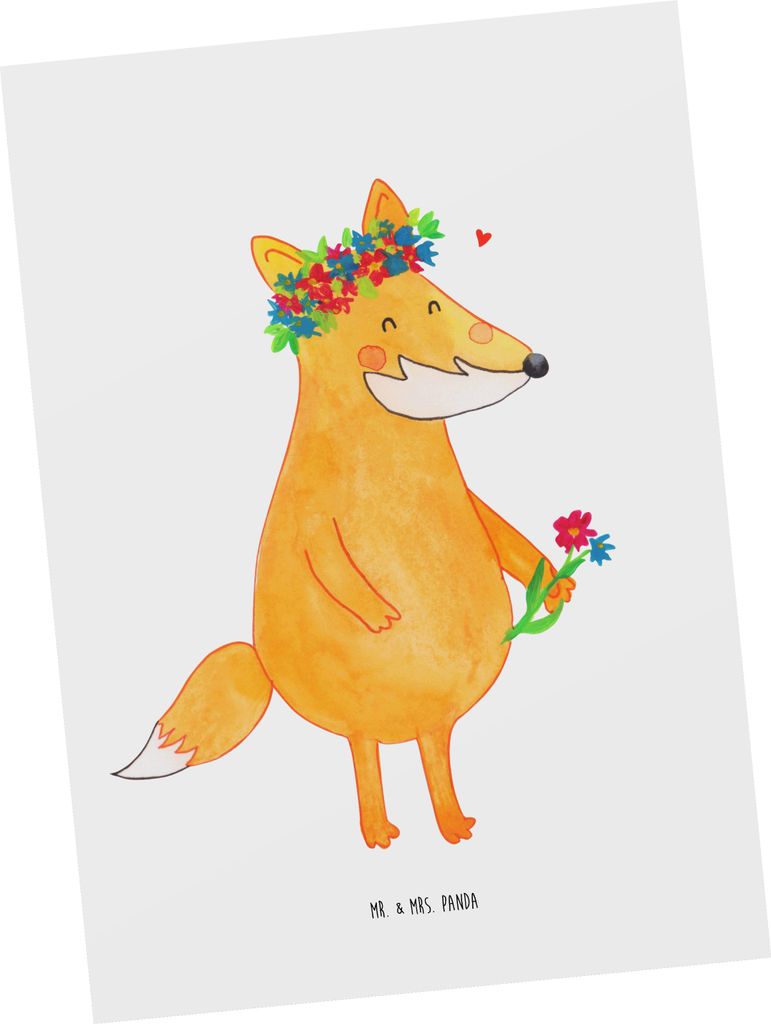 Mr. & Mrs. Panda Grußkarte Fuchs Blumen - Weiß - Geschenk, Fox, Mich, Ansichtskarte, Blumenliebe, Postkarten, Postkarte, Ansichtskarten, Kunstkar...