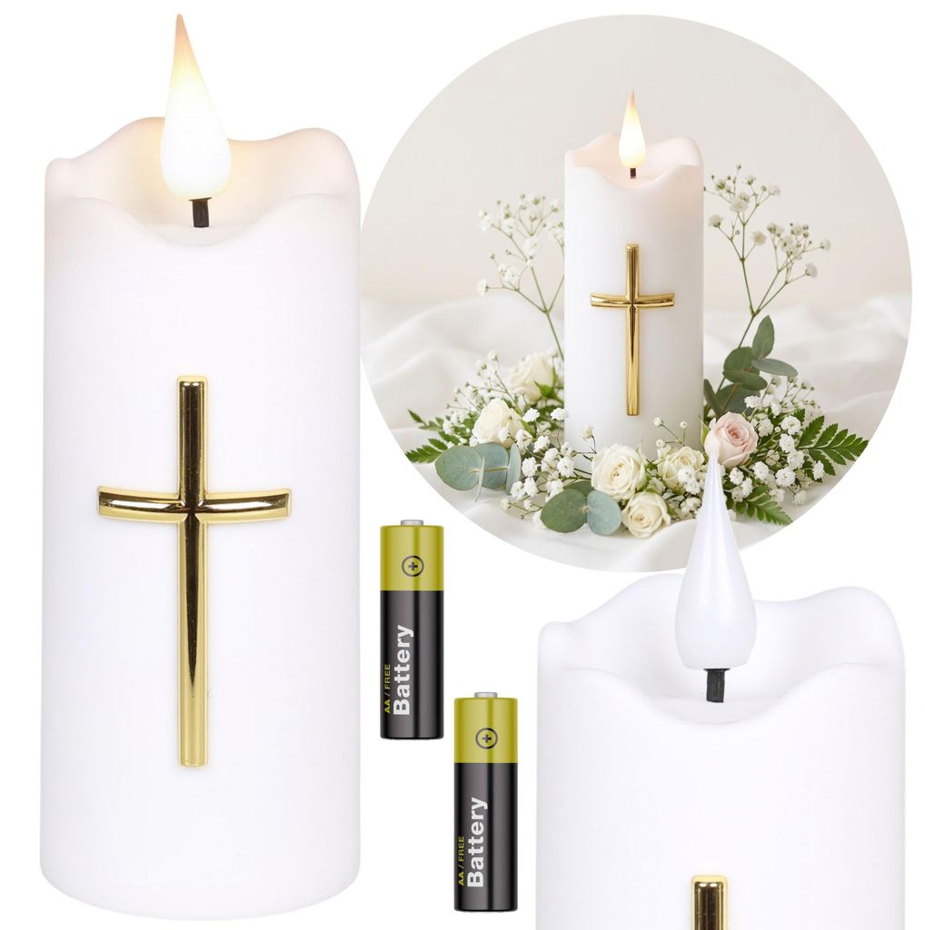 Weiße LED-Kerze mit Kreuz und Flammeneffekt, Produktbild 