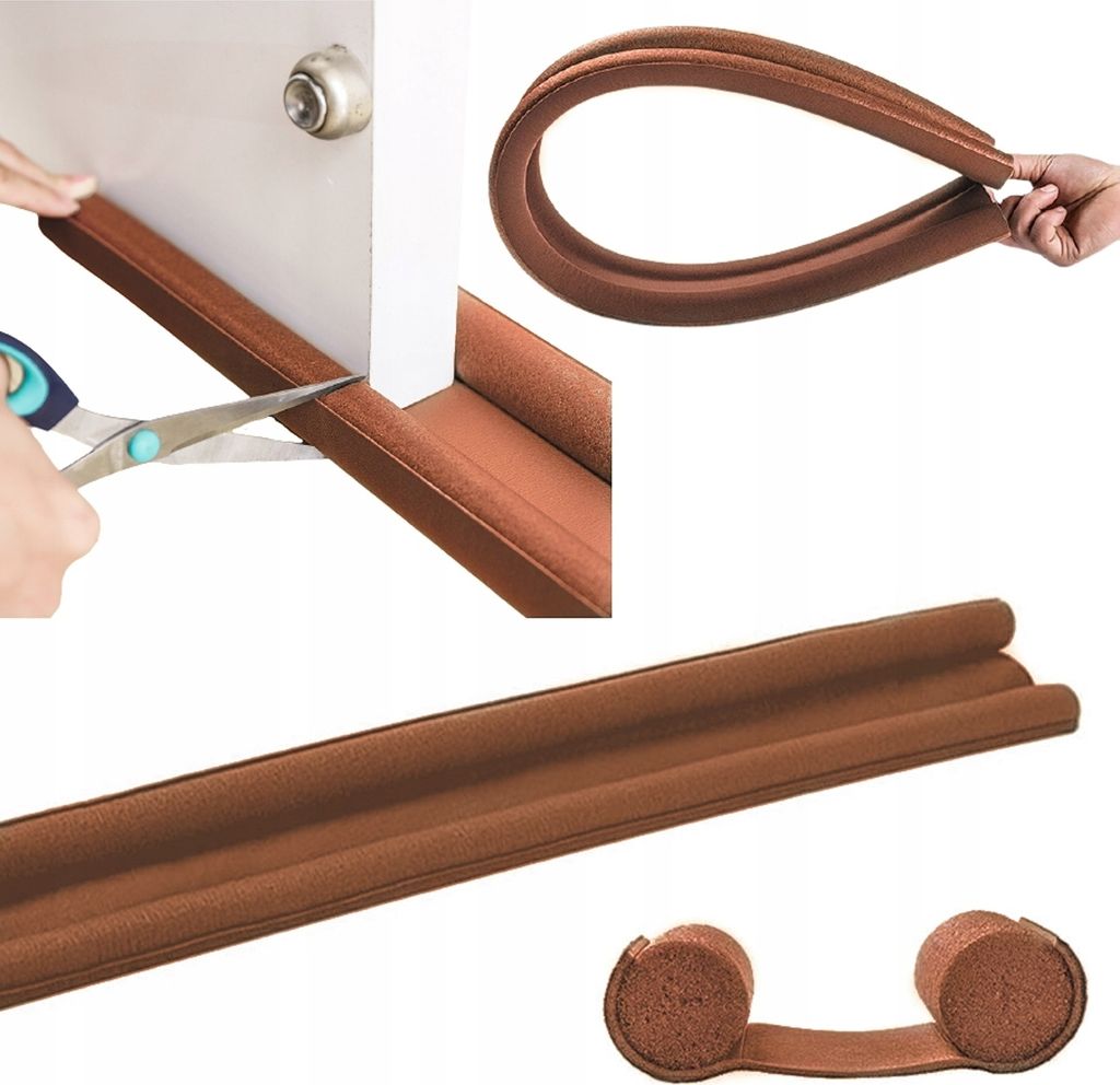 Collage of images showing a brown foam door seal being cut with scissors, a hand bending the seal into a curve, a close-up of the seal, and a close-up of the ends of the seal.