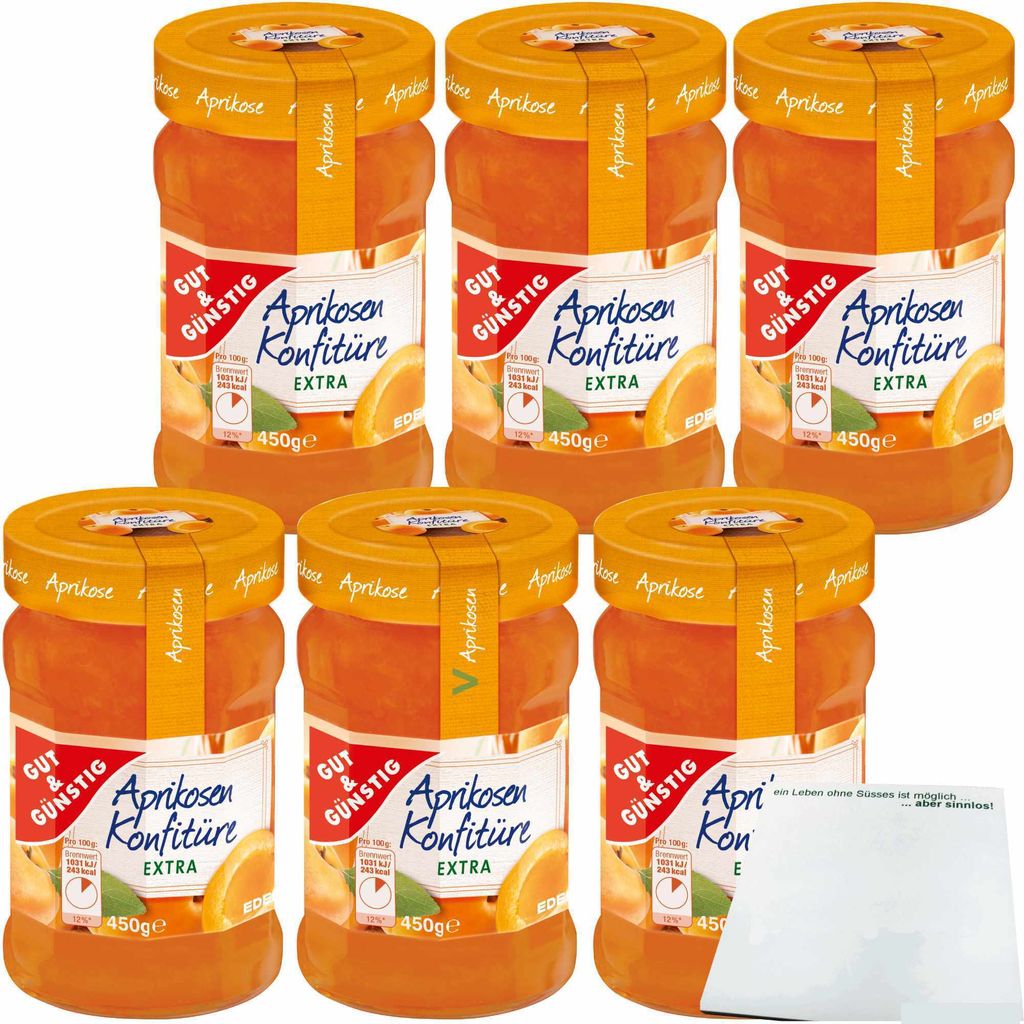 Gut & Günstig Aprikosen Konfitüre extra mit vollem Aprikosen-Aroma und 50% Frucht 6er Pack (6x450g Glas) + usy Block