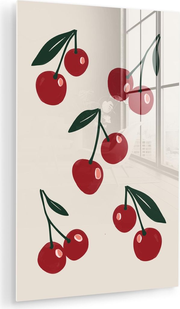 MuchoWow Glasbilder - Bilder auf Wandbild - Foto auf Glas Kirschen - Blätter - Rot 60x90 cm Wanddekoration aus Glas - Acrylglasbild - Acrylbilder ...