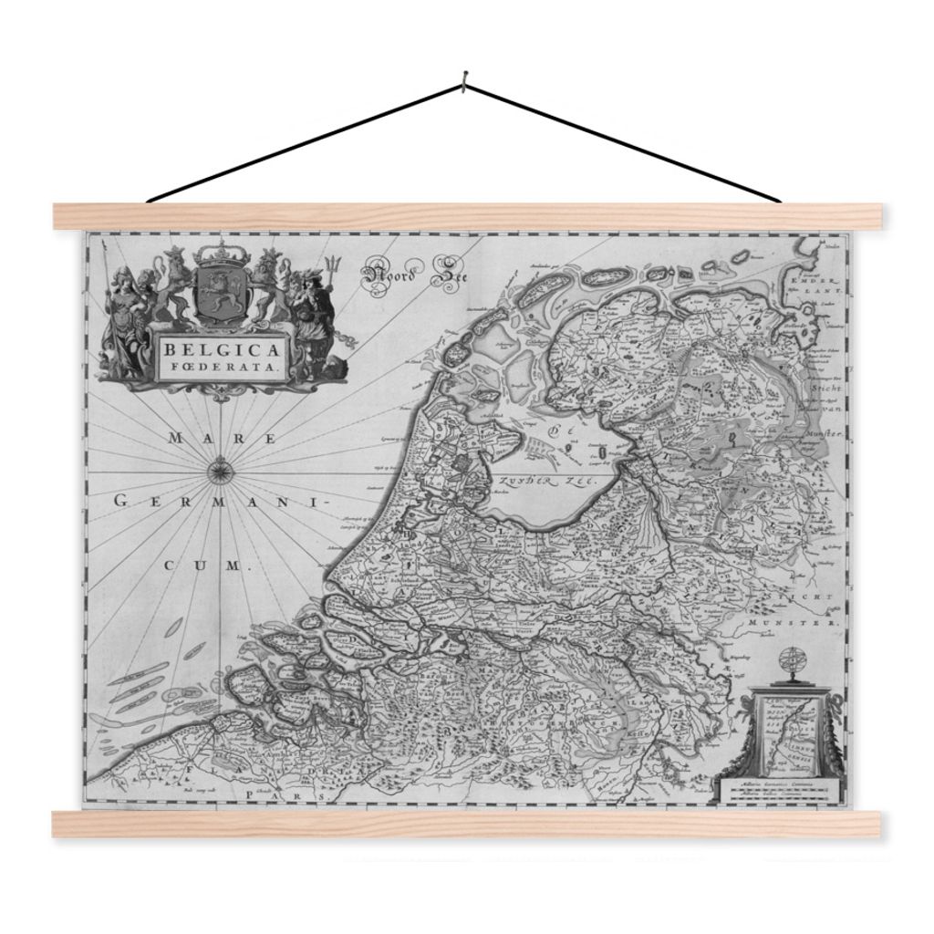 MuchoWow Textilposter Schwarz-weiße Karte der Niederlande 120x90 cm mit holzfarbenen Rahmen - Magnetisch