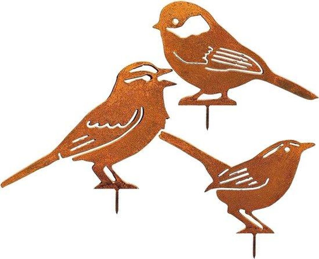 Patina-Metallvogel-Stift-Set aus fünf Stücken für Außenbereich - Metallgartenanker mit Drahtfaden - Rostverzierter Effekt für Holz-Zaunfiguren.