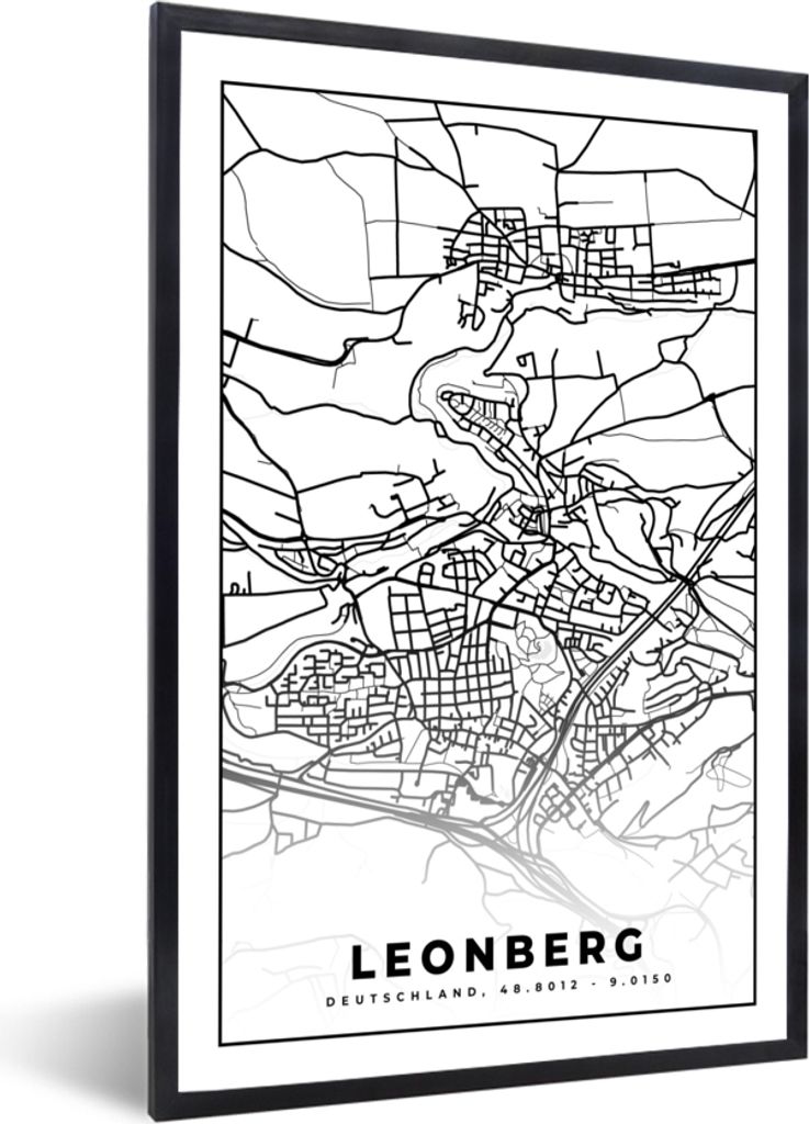 MuchoWow Gerahmtes Poster Leonberg - Karte - Stadtplan 60x90 cm - Poster mit Schwarzem Bilderrahmen Wandposter Rahmen Foto Bilder - Kunst
