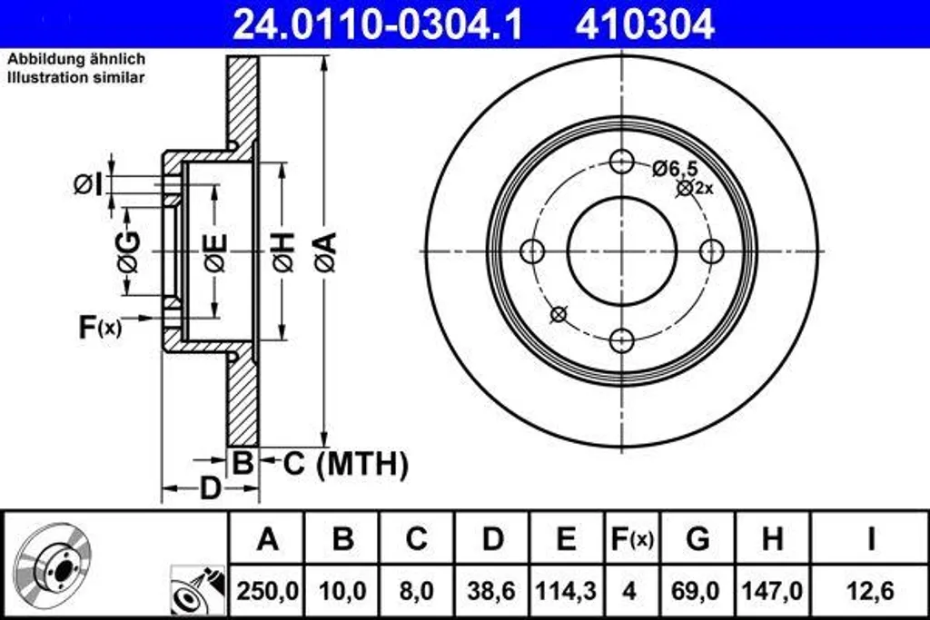 Disque de frein plein pour Mitsubishi Colt et Smart Forfour ATE 256mm