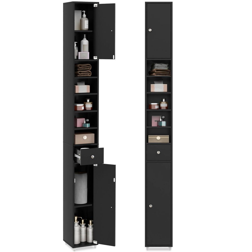 Two tall, slender black cabinets shown side-by-side against a white background. The left cabinet is open, revealing shelves with various items like bottles, towels, and boxes. The right cabinet is closed.