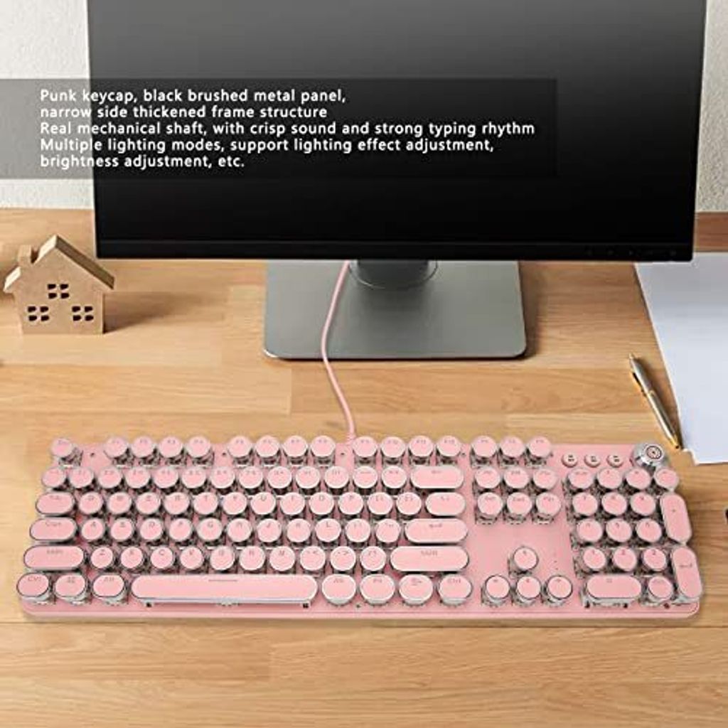 Mechanische Gaming -Tastatur, Retro -Punk -Typewriter -Stil, 104 Tasten USB Kabel -RGB -beleuchtete runde Tastaturen, lineare Aktion, PC, Laptop, Desk