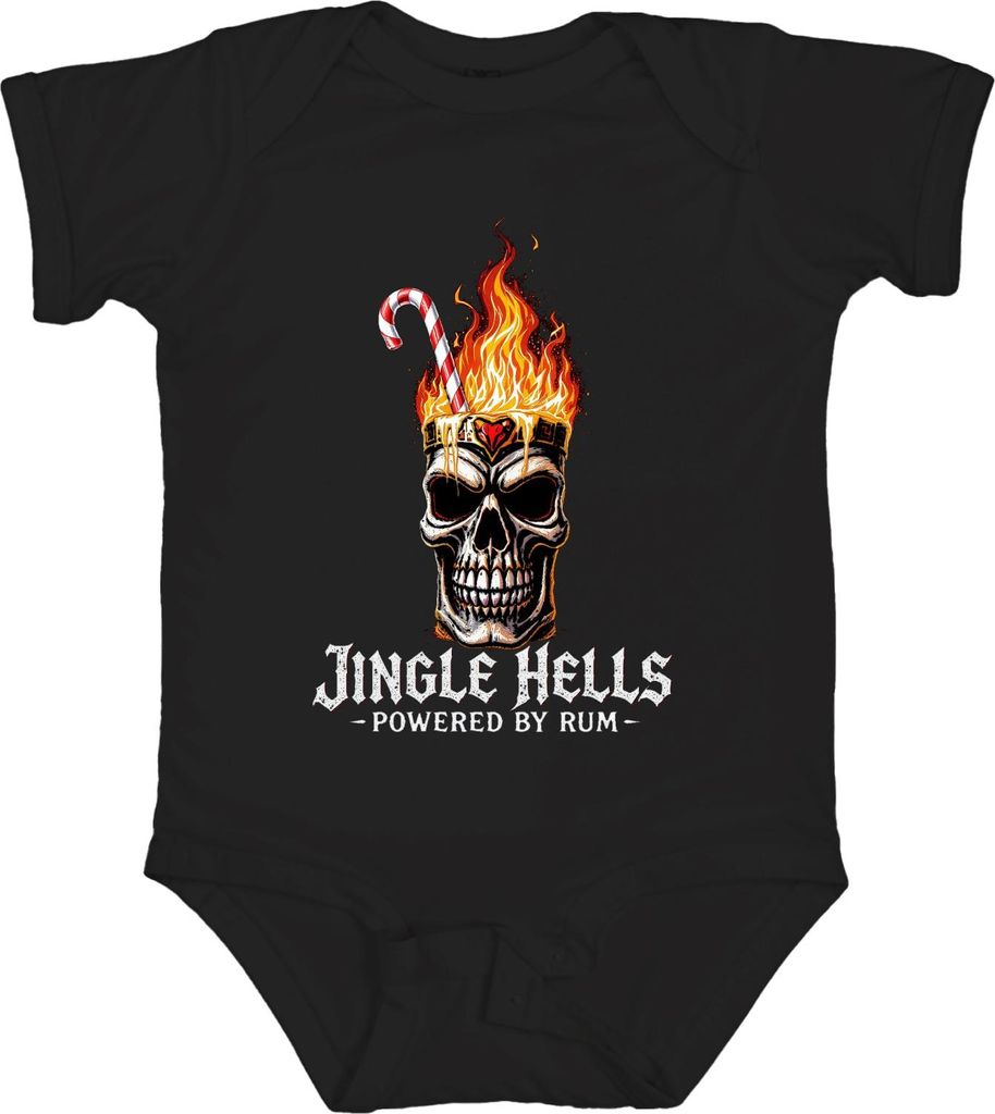 Jingle Hells Powered by Rum Totenkopf Weihnachten Flammen lustig Unisex Baby Body, Schwarz, 12/18