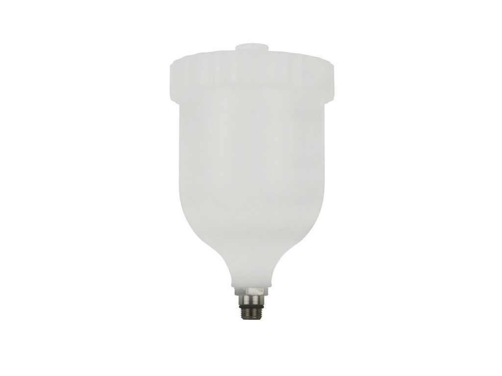 A white plastic container for a spray gun is shown against a white background.