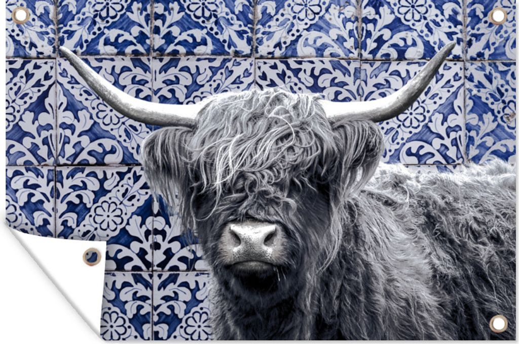 MuchoWow 60x40 cm Outdoor-Poster Gartendeko Sichtschutz Garten Poster für den Garten Scottish Highlander - Delfter Blau - Schwarz - Weiß