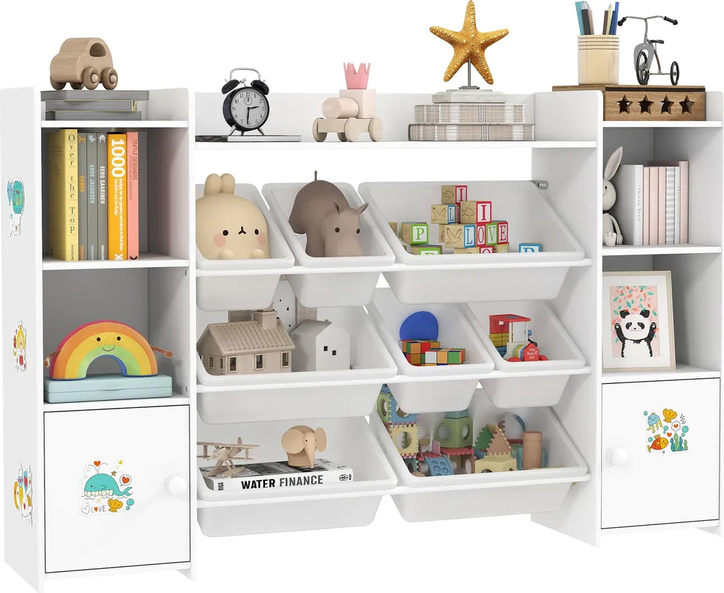Grand meuble jouets enfant 8 bacs blanc, dimensions 140x30x90 cm