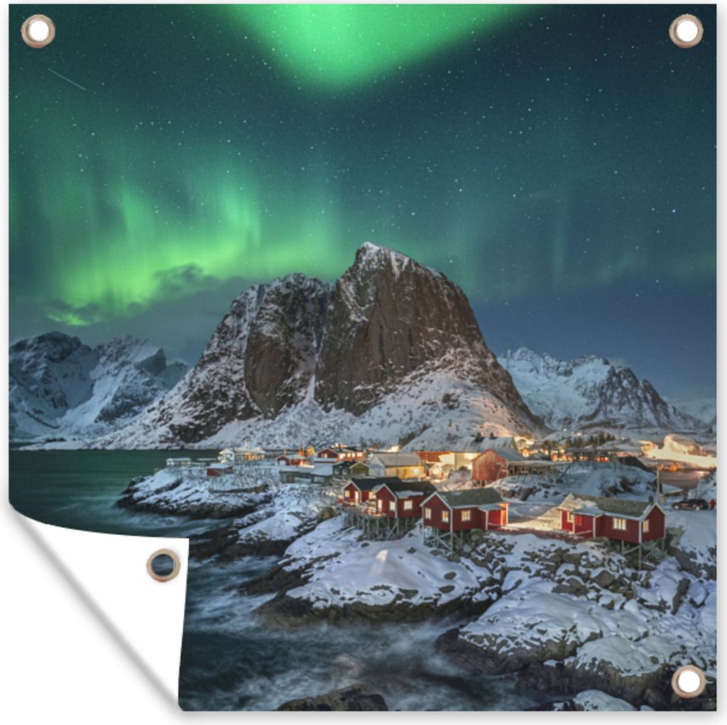 MuchoWow 100x100 cm Outdoor-Poster Gartendeko Sichtschutz Garten Poster für den Garten Aurora - Abend - Berge