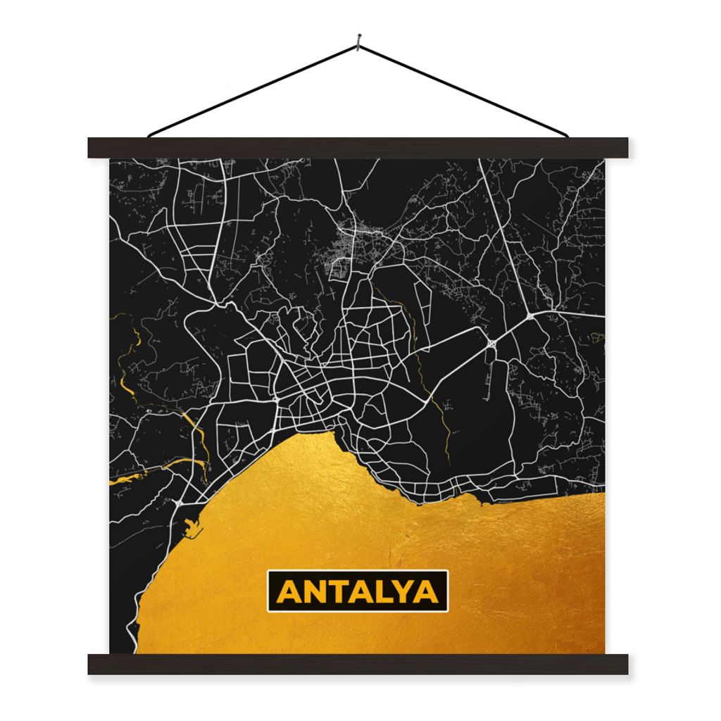 MuchoWow Textilposter Antalya - Gold - Karte - Stadtplan 40x40 cm mit schwarzem Rahmen - Fotos