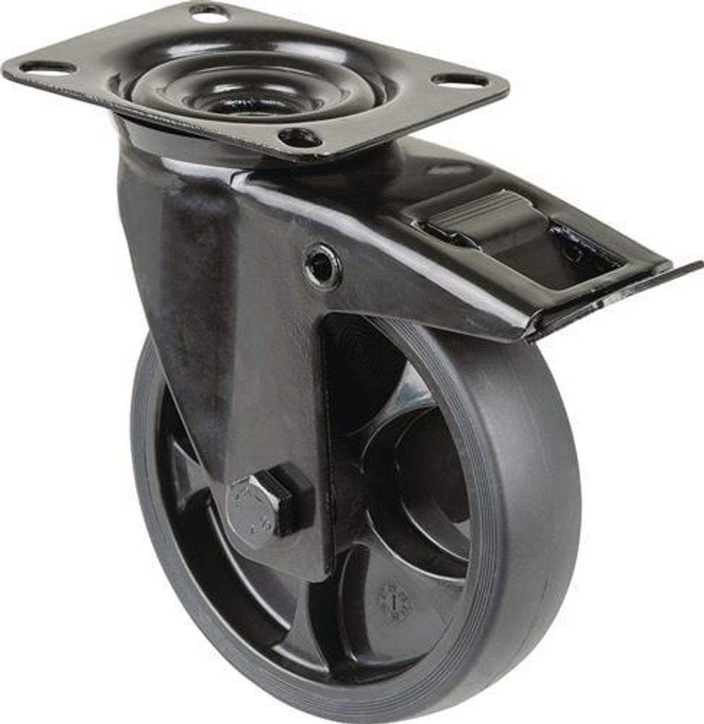 BS Rollen BS Transportrolle L820, Lenkolle mit Totalfeststeller, Rad-Ø 125 mm Tragfähigkeit 120 kg, mit Feststeller Gummi, 104x80mm schwarz