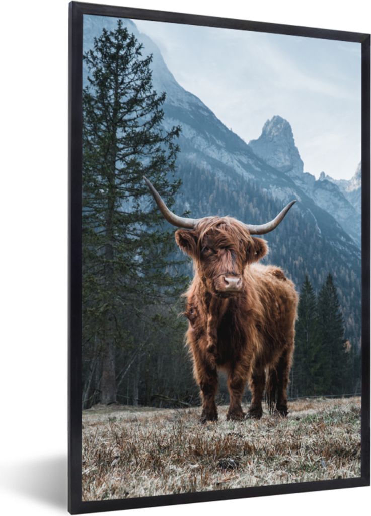 MuchoWow Gerahmtes Poster Schottische Highlander - Berg - Landschaft - Bäume - Kuh - Natur 40x60 cm - Poster mit Schwarzem Bilderrahmen Wandpost...