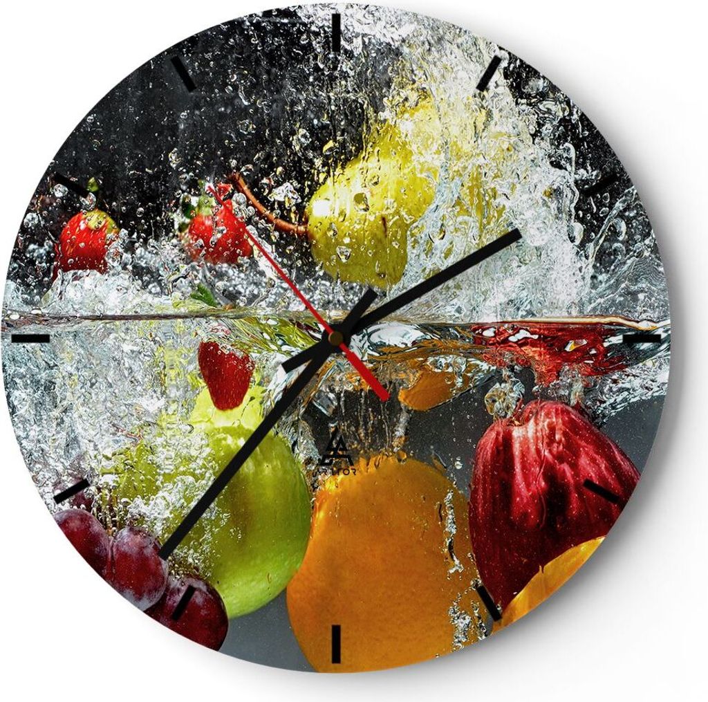 Wanduhr - Rund - Glasuhr - Früchte Wasser Spritzer Essen - 30x30cm - Schleichendes Uhrwerk - Lautlos - zum Aufhängen bereit - Dekoration Modern -...