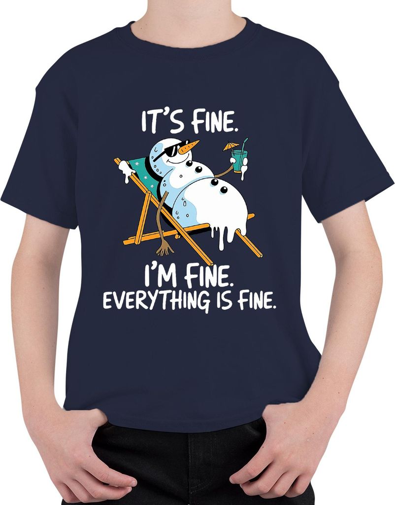 It's Fine I'm Fine Everything Is Fine schmelzender Schneemann Uni Kinder T-Shirt, Navy, 140