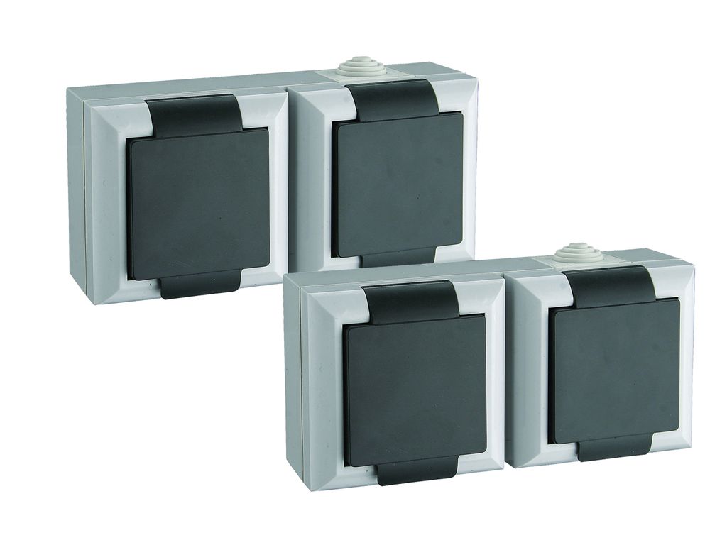 2-polig Außen 2er-Set 2fach Schutzkontaktsteckdosen mit Deckel Feuchtraum 
