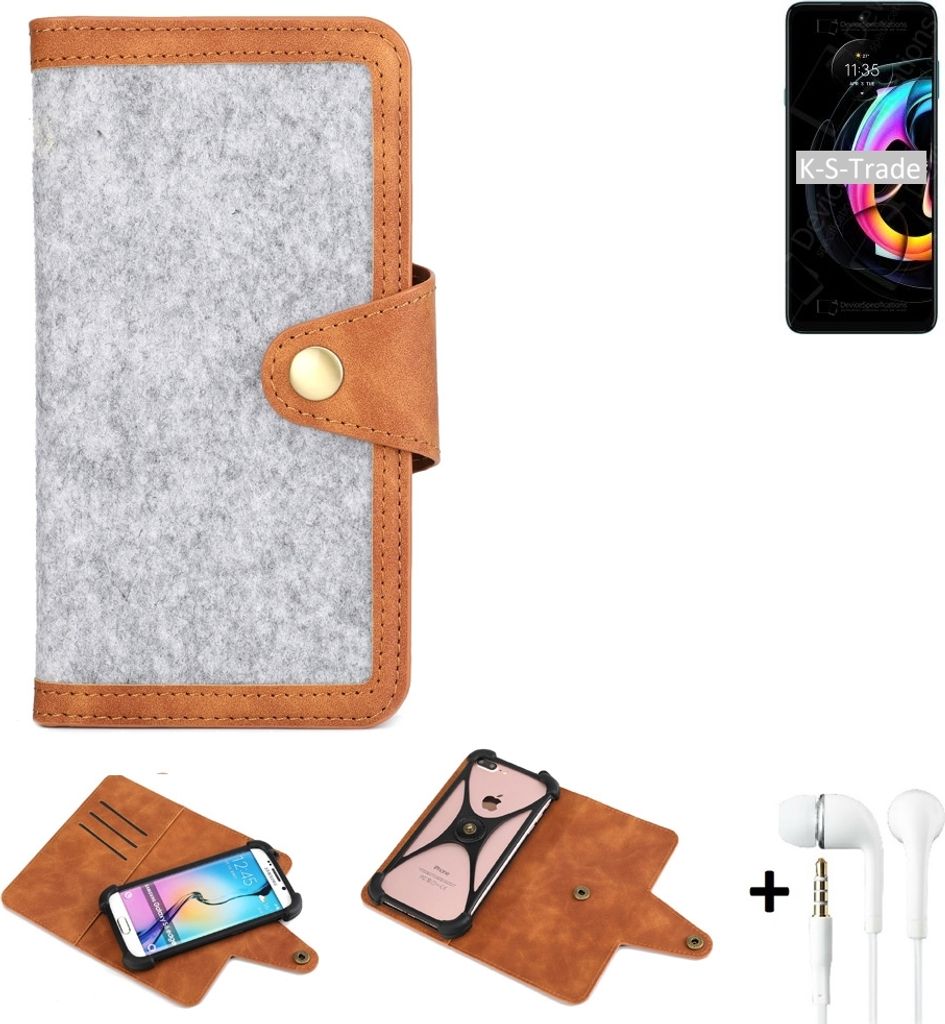 K-S-Trade Handyhülle + Kopfhörer kompatibel mit Motorola Edge 20 Lite Schutzhülle Filz Hülle Kunstleder hellgrau braun (1x)