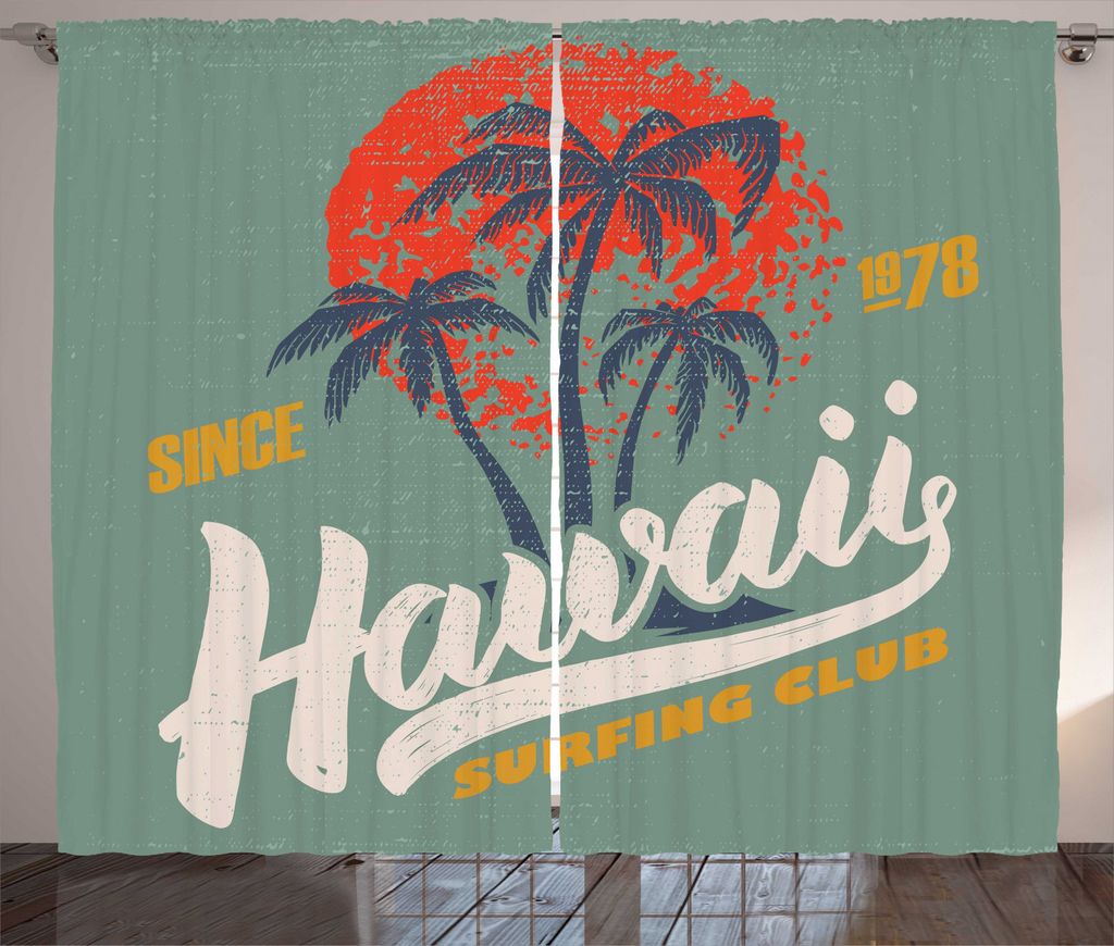 ABAKUHAUS Hawaii Rustikaler Vorhang, Surfing Club-Logo-Grafik, Wohnzimmer Universalband Gardinen mit Schlaufen und Haken, 280 x 245 cm, Resedagrün...